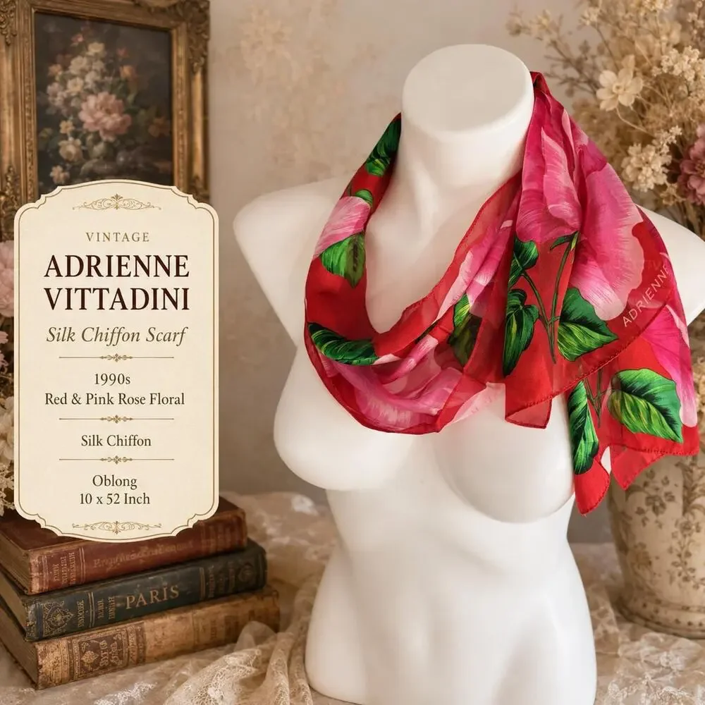 Vintage Adrienne Vittadini Silk Chiffon Scarf 1990s Rink Red Rose Floral 10x52
